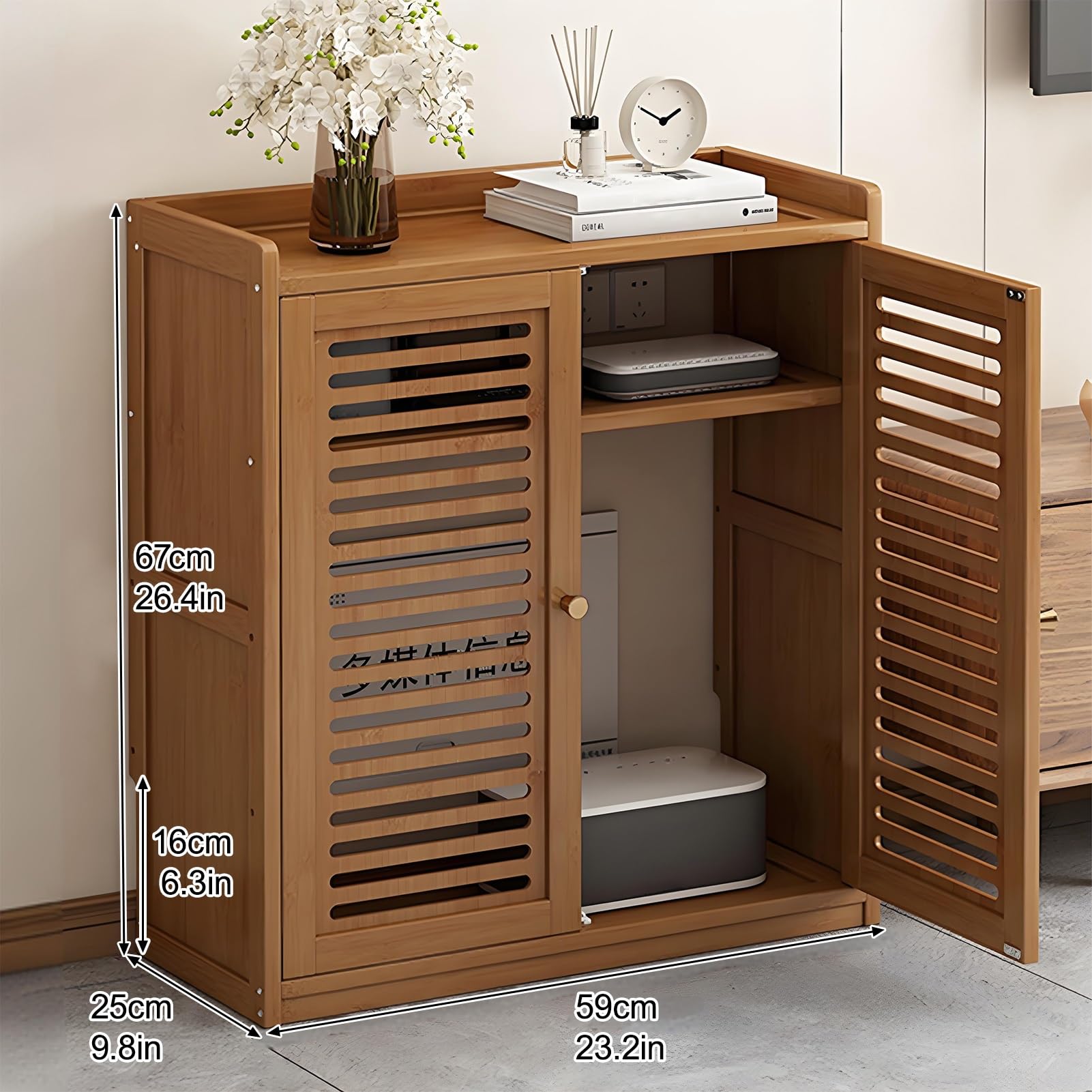 Armoire de rangement élégante avec routeur WiFi caché au sol pour salon, bureau et chambre à coucher, design blanc moderne (67 x 59 cm / 26.4x23.2in)