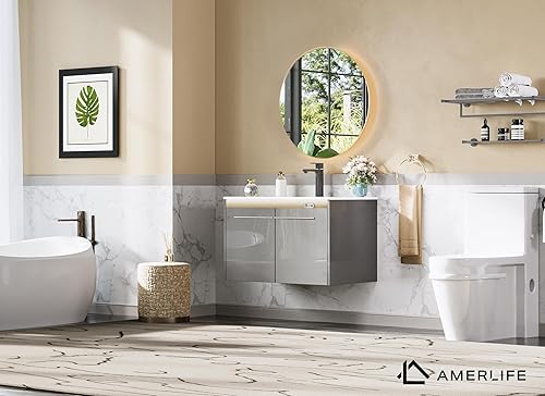 Miniatura 7 de AMERLIFE Tocador de baño flotante LED de 31 pulgadas con fregadero, fregadero individual de alto brillo montado en la pared, gabinete de tocador de
