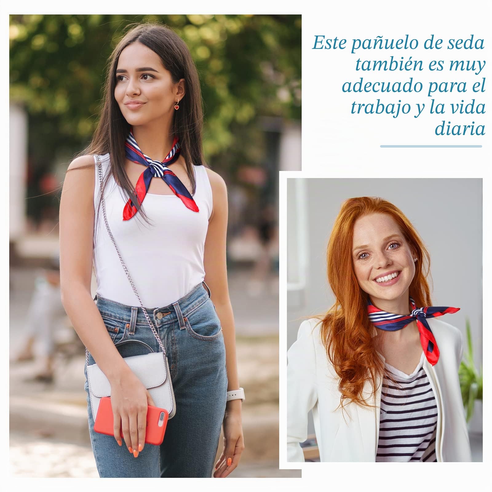Hicarer 24 Bufandas Cuadradas de Seda Imitada Pañuelo de Cuello de Marinero Náutico Rojo Blanco y Azul para Azafata Mujer