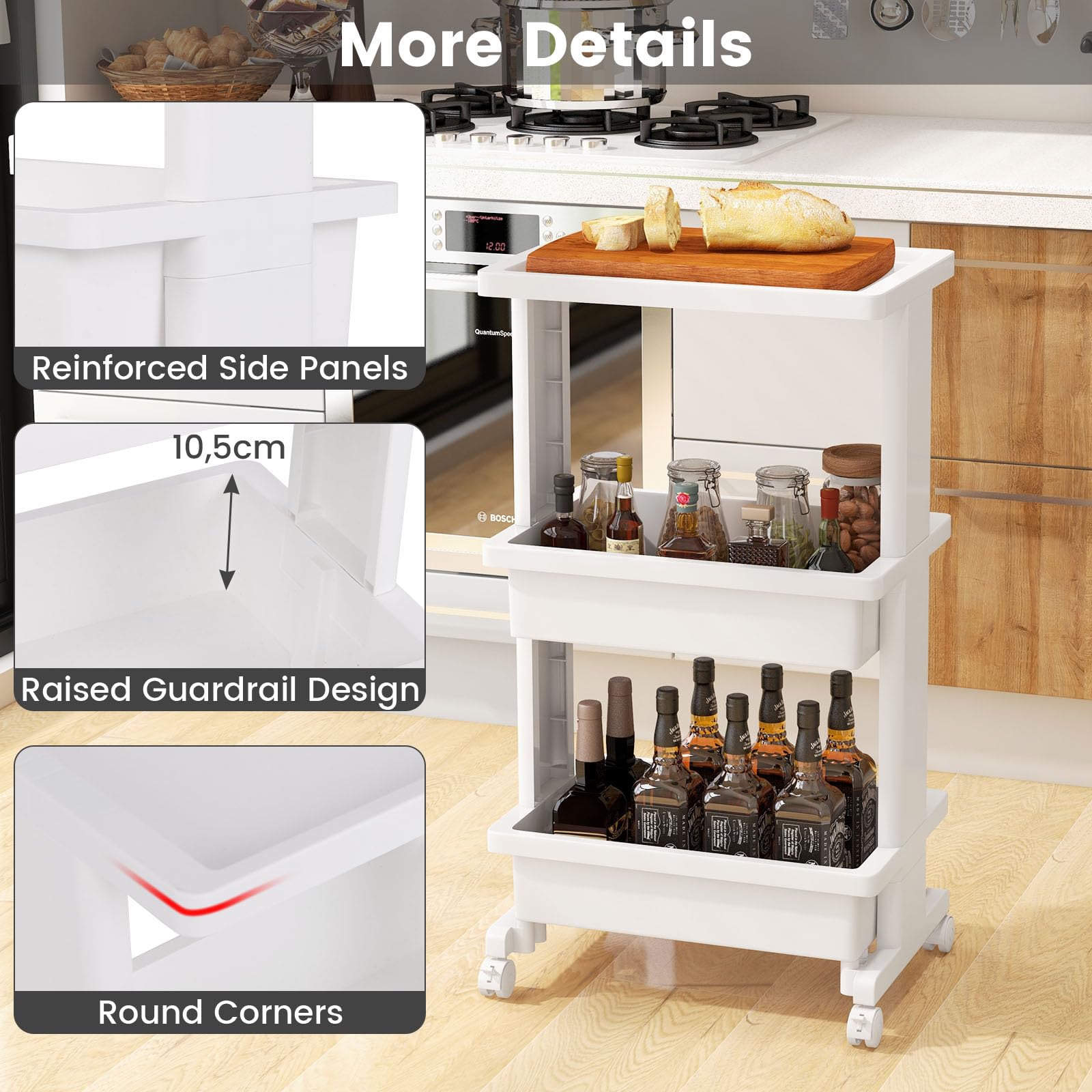 HOMASIS Carrello Cucina a 3 Livelli, Carrello Portaoggetti Salvaspazio in Plastica, Carrellino Scaffale con Ruote per Bagno, Trucco, Ufficio, 45 x 30 x 81 cm, Bianco