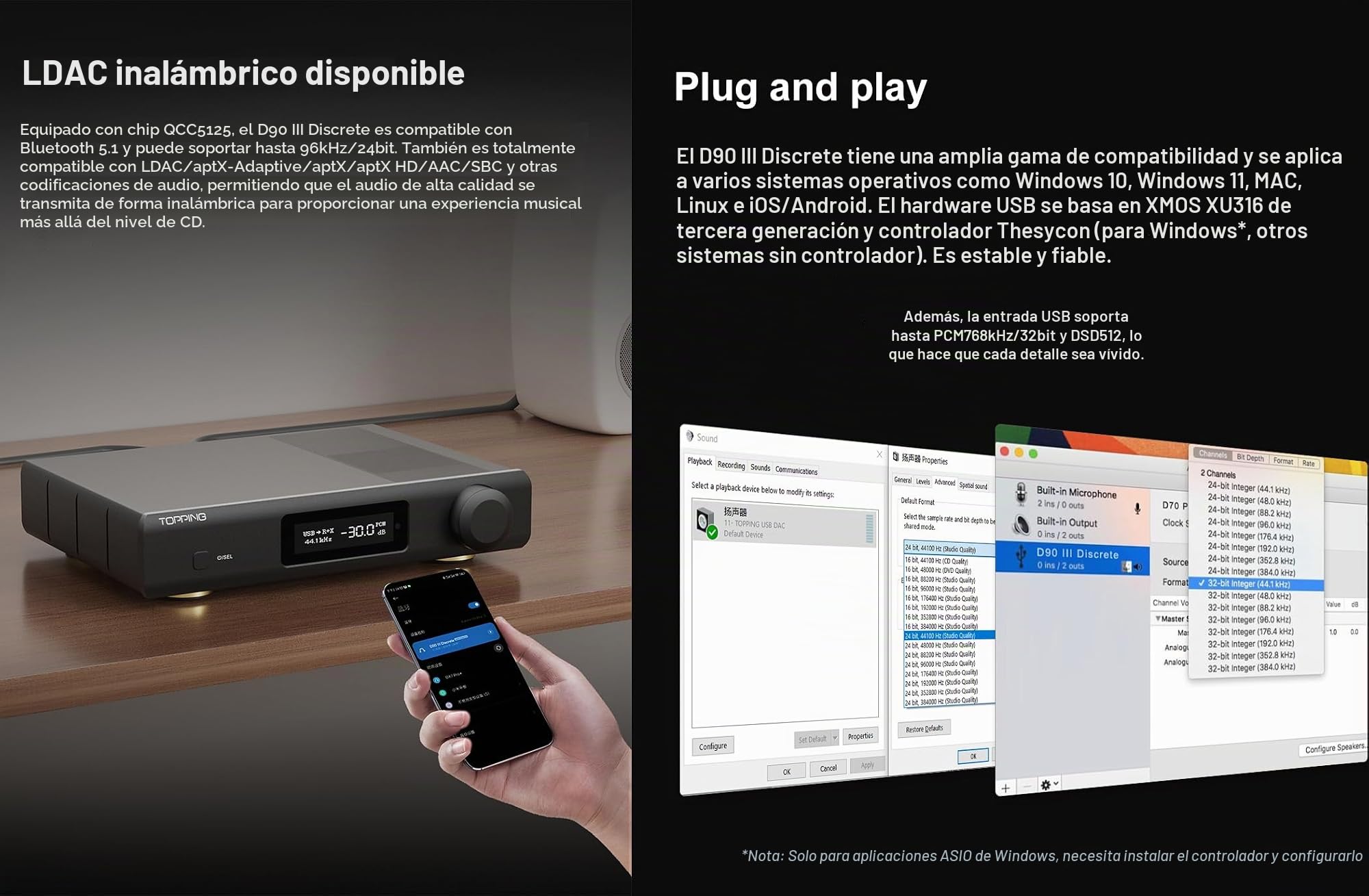 TOPPING D90 III Discreto HiFi DAC totalmente equilibrado - Soporte BT 5.1 Preamplificador de audio de escritorio con control remoto bluetooth (negro)