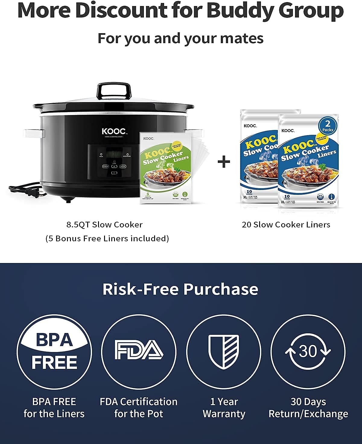 [Bundle Group] KOOC Programmable Slow Cooker 8.5-Quart (with 5 Bonus Liners) + Additional 2 Pack of 20 Liners for Easy Clean-up, Upgraded Pot, Adjustable Temp, Nutrient Loss Reduction