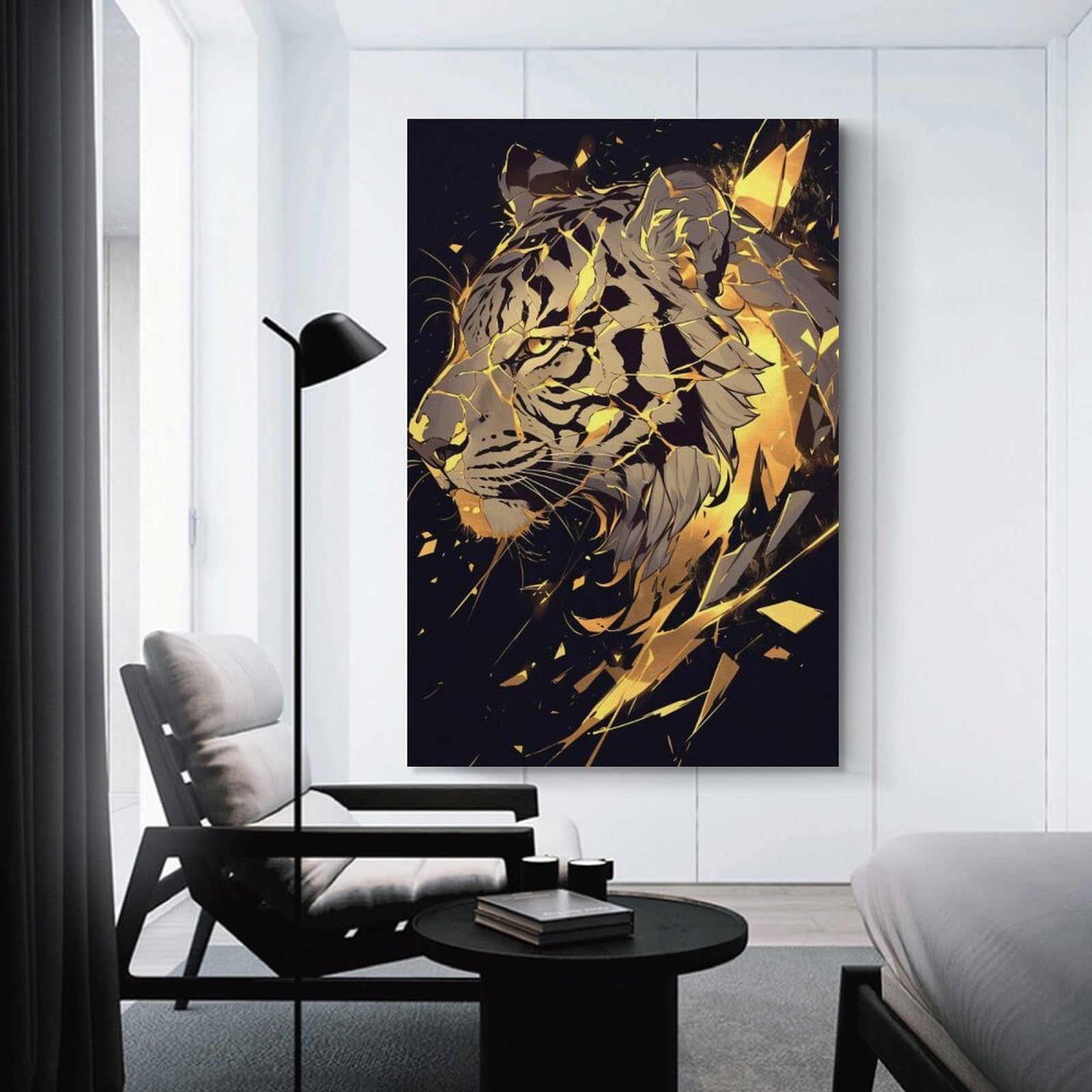 Junmoney Golden Tiger Digital Art Wall Art Print, 20x30inch(50x75cm), for Bedroom Walls, Guest Spaces Or Lounges, Home Artwork with A Soft Interior Feel