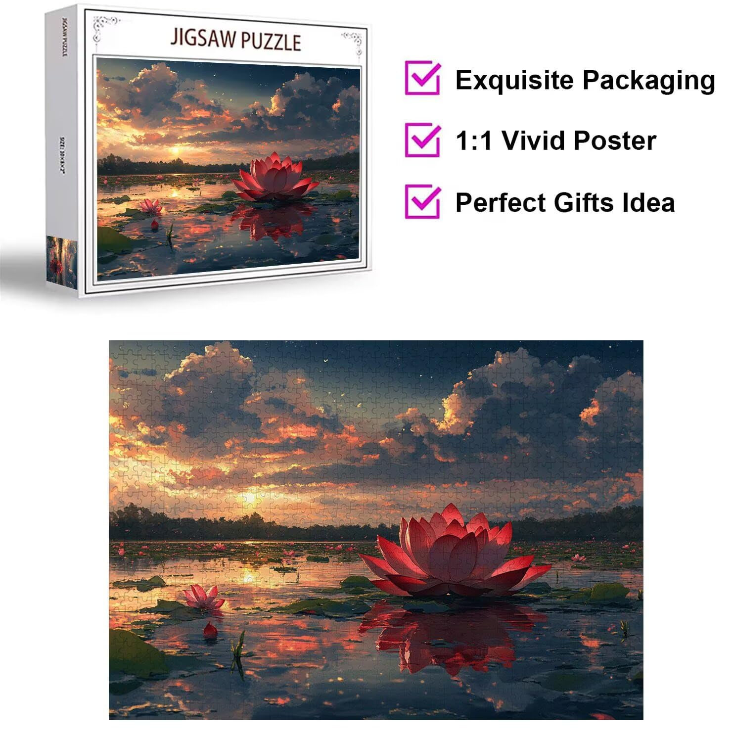 Puzzle 1500 sztuk lotosu trudne drewniane puzzle, n-417 | Niemożliwe wyzwanie, inteligentna gra zręcznościowa, gry logiczne dla całej rodziny, pomysł na prezent, zachód słońca