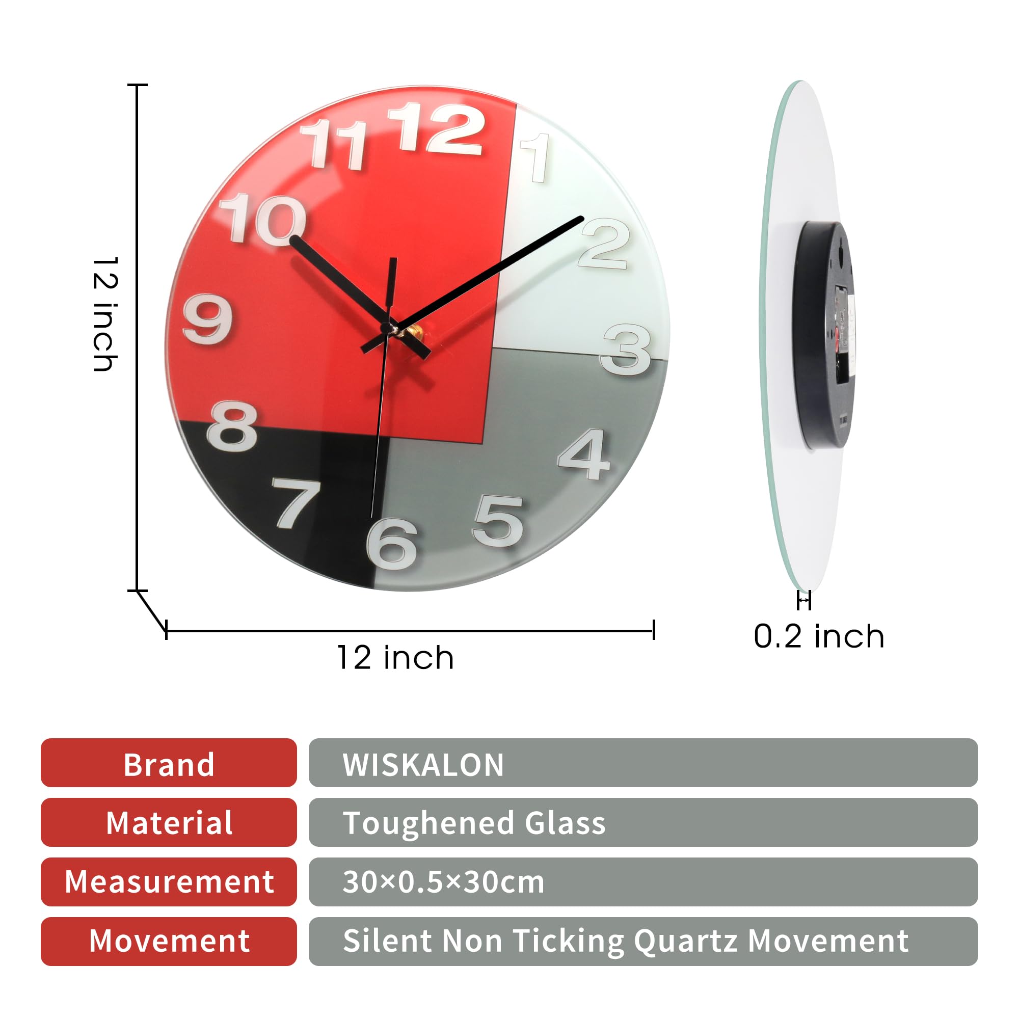 WISKALON Abstract Geometric Glass 12" Wall Clock in White, Grey, Red and Black - Battery Operated, Silent Non Ticking Quartz Clock for Home, Kitchen, Living Room, Bathroom, Bedroom, or Office Decor