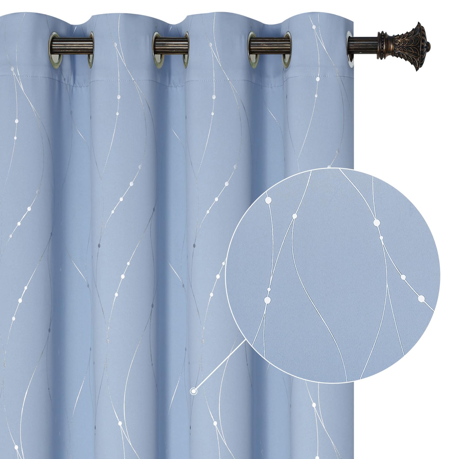BUHUA Blackout Curtains for Bedroom 2 Panels Set, Grommet Thermal Insulated Room Darkening Window Curtains & Drapes with Wave Line and Dots Printed