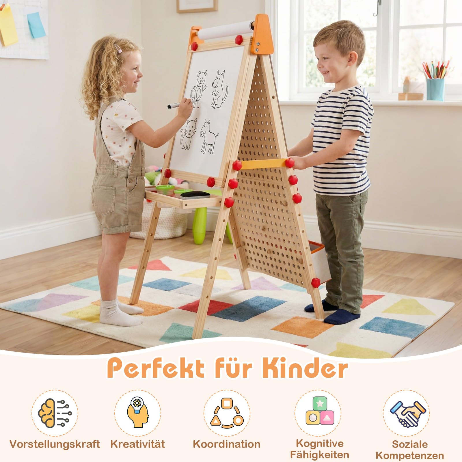 COSTWAY Tafel Kinder, Holz Spieltafel doppelseitig mit Magnet-Whiteboard, Papierrolle, Ablagefach & Murmelbahn, klappbare und höhenverstellbare Standtafel mit Zubehör für Kinder ab 3 Jahren
