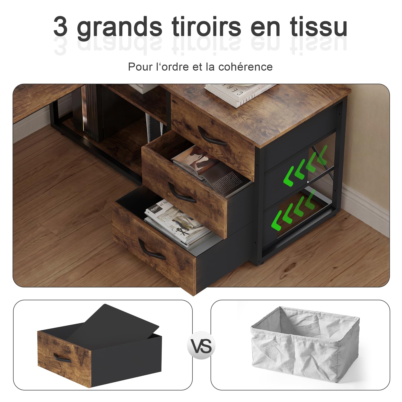 JUMMICO Bureau d'angle en L Réversible Style Industriel, 140x100 cm avec Aspect Bois Brûlé, Bureau Gamer avec Étagères de Rangement et Support Moniteur, Prise Intégrée