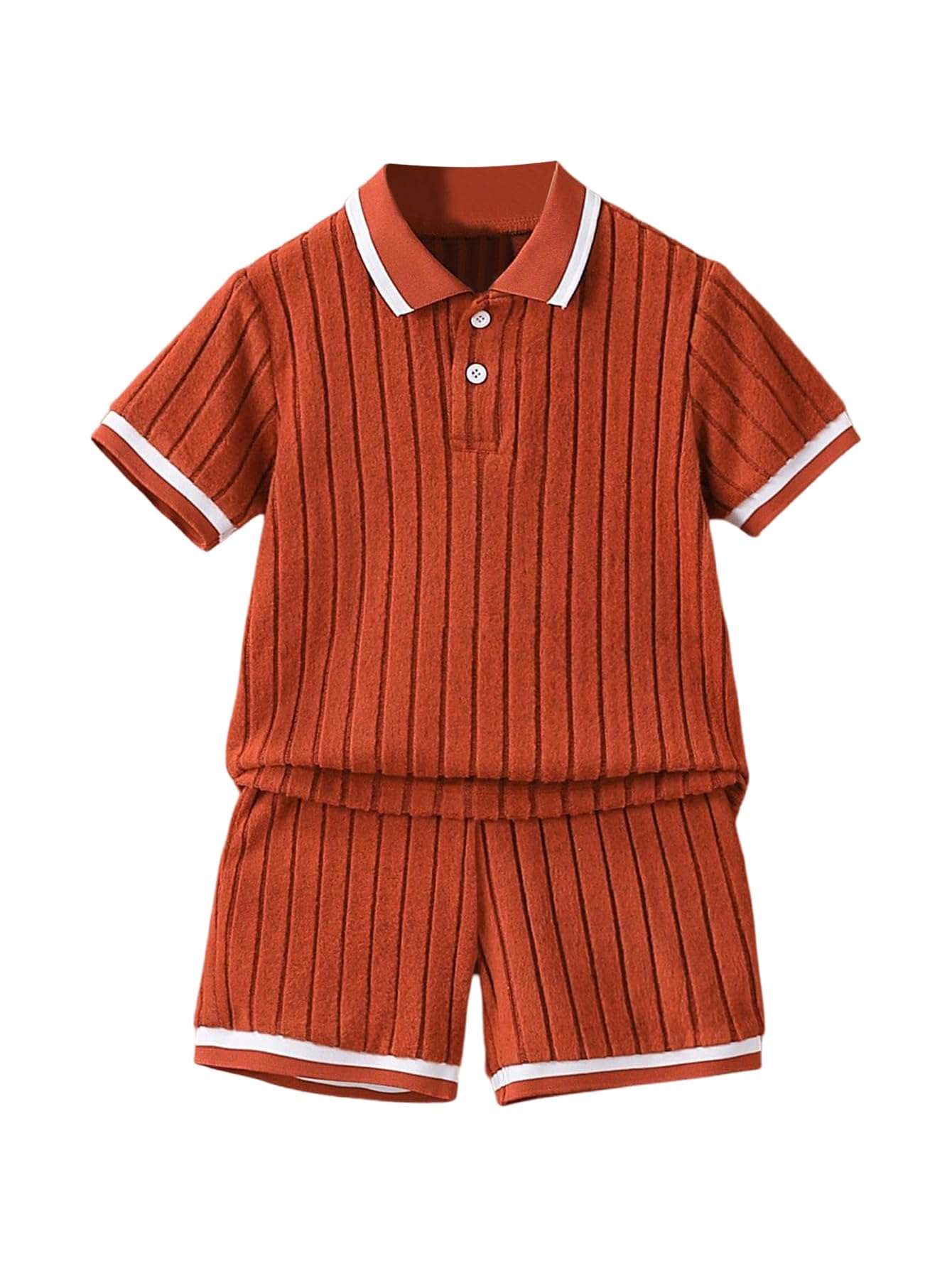 Boy's 2 Piece Summer Outfits Ribbed Knit Color Block Short Sleeve Golf Shirt and Track Shorts Sets