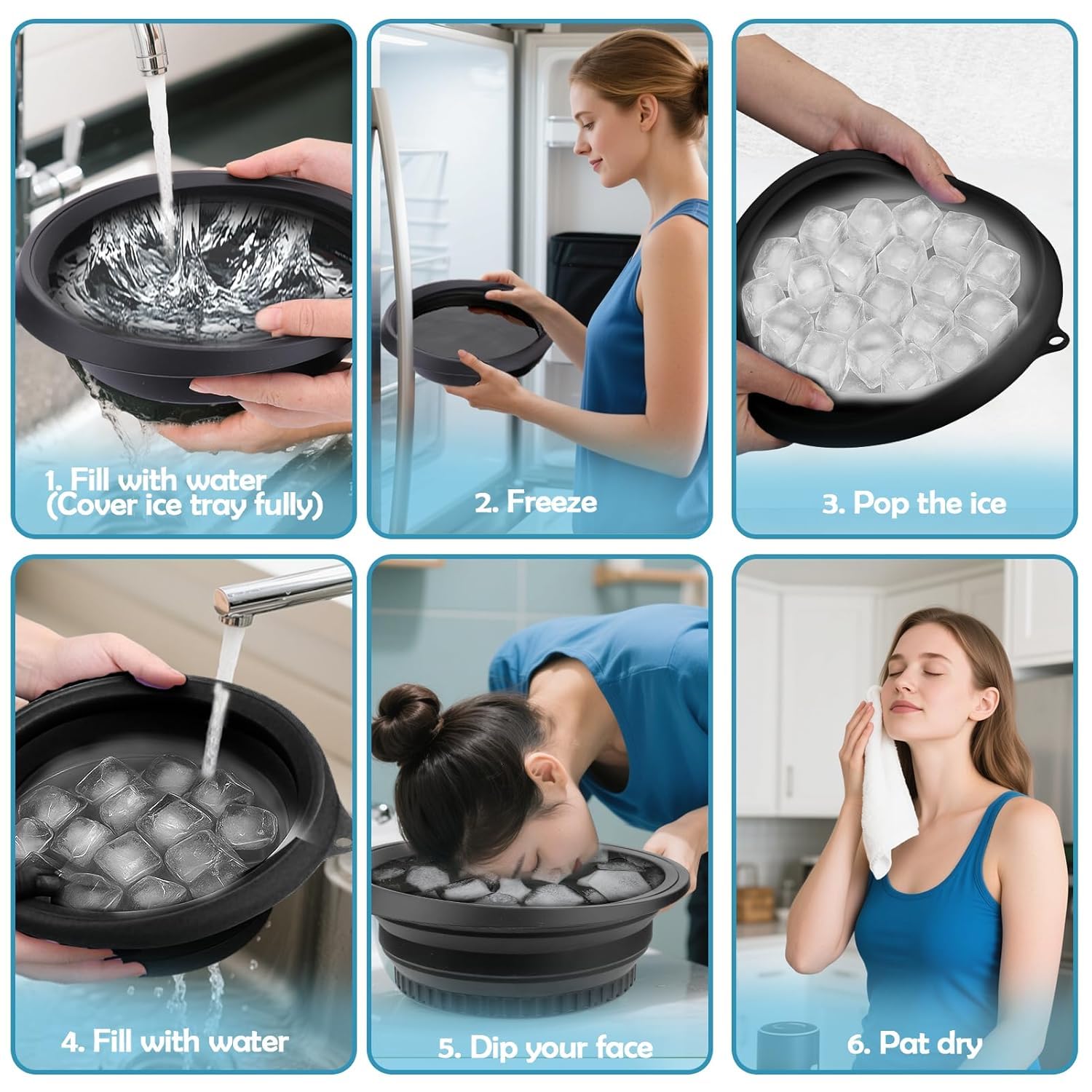 Silicone Collapsible Face Bowl with Built-In Ice Tray, Modern Style, Black, Round, Dishwasher Safe, For Face Bath, Soaking, Washing 4