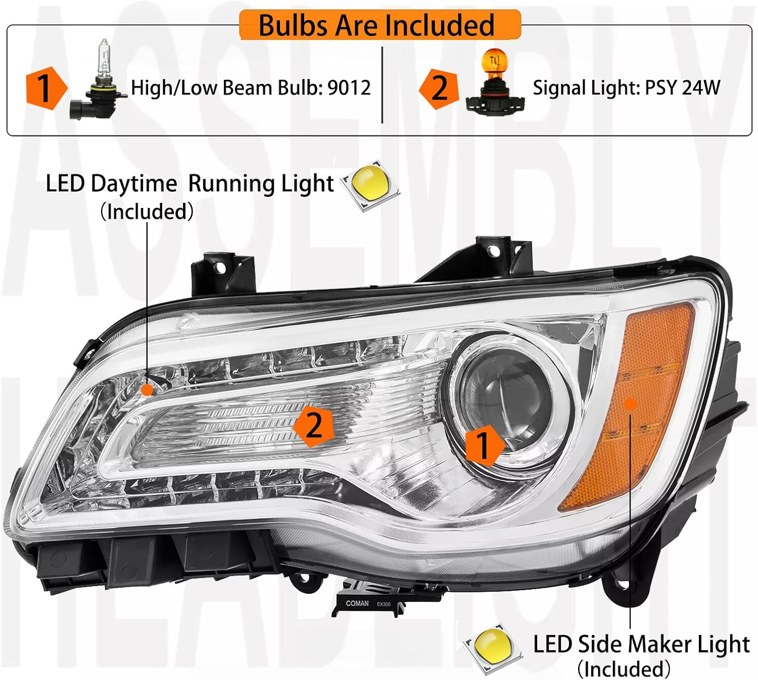 Headlight Assembly Set with Bulbs For 2011-2014 2015-2023 Chrysler 300 C Base S Touring Limited Replacement Headlamp Chrome Housing Amber Reflector With LED DRL Clear Lens Driver Passenger side(LH&RH)
