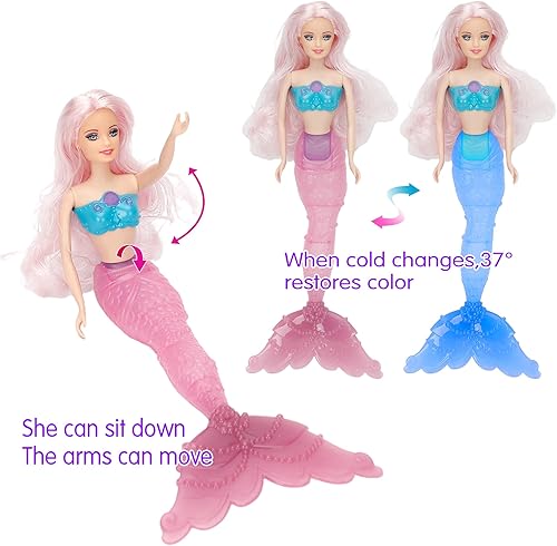 Miniatura 4 de Yellow River Reversing Squins - Juego de muñeca de princesa sirena, cola de sirena que cambia de color de temperatura, muñeca de vestir de pelo rosa