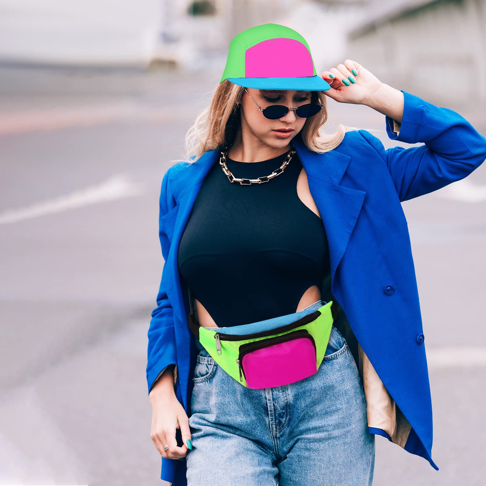 Cindeer 2 Pcs 80s 90s Neon Fanny Pack Hat for Women Neon Hat Retro Fanny Pack for 80s 90s Party Outfit Holiday Festival