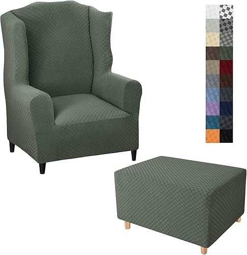 YEMYHOM 1 funda elástica para silla con respaldo de ala + funda otomana de tamaño extra grande (verde militar)