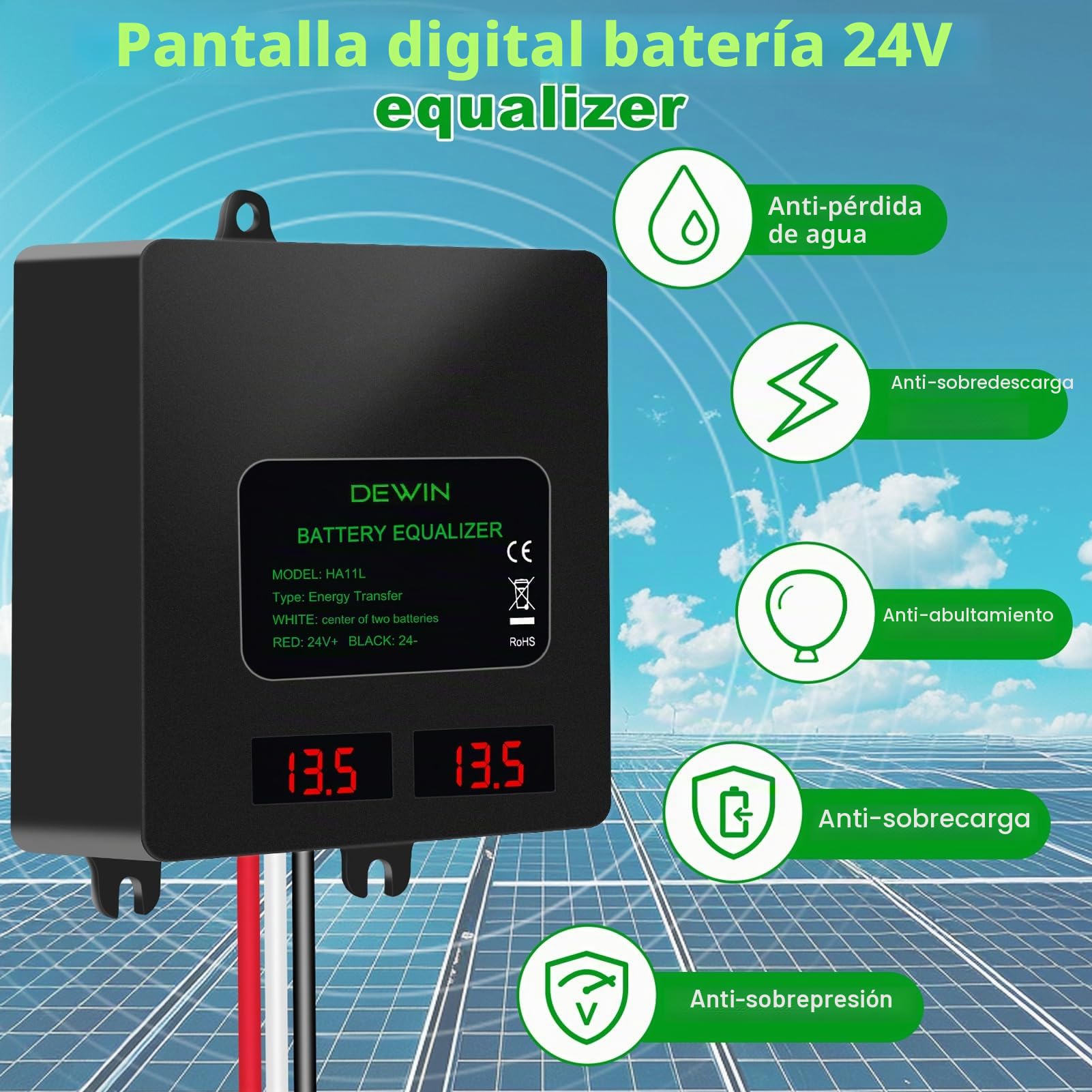 Ecualizador de Batería de 24V Balanceador de Batería de 2x12V, IP67 Ecualizador de Batería para Baterías de plomo-ácido/litio/níquel-hidruro metálico/fosfato de hierro y litio