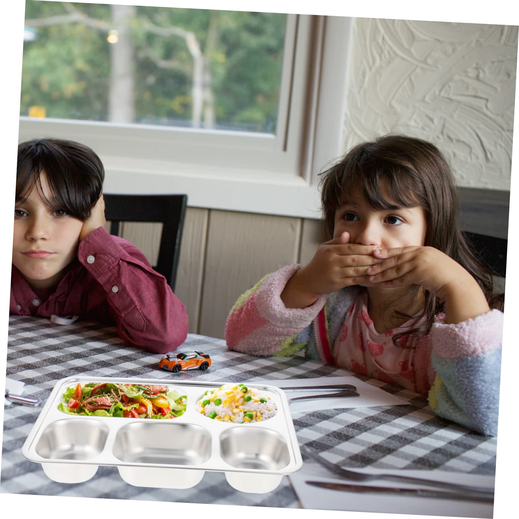 BEBEMOKO 5-section Lunch Plate School Cafeteria Stainless Steel Serving Platter