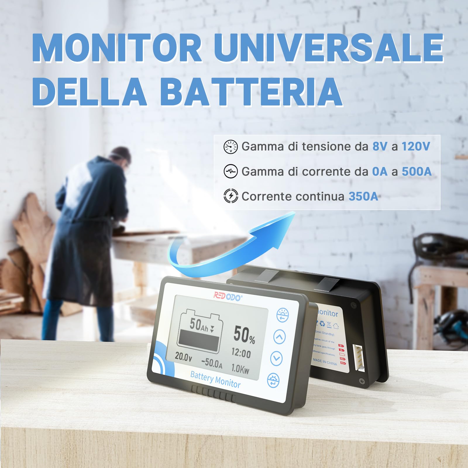 Redodo 500A Batteria Monitor con Shunt, Misuratore di Tensione della Batteria con Intervallo 8V~120V, Cavo Schermato da 20 Piedi, Compatibile con Batterie al Gel, al Piombo e LiFePO4