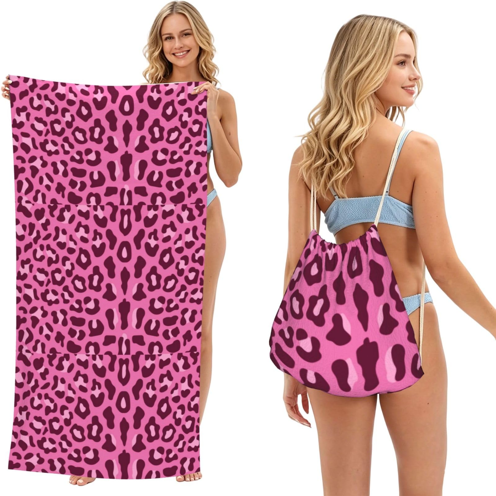 Poadnly As Picture Pink Leopard, 2 In 1 Packable Towel Bag, Beach Towels With Drawstring Backpack For Travel Holiday Camping