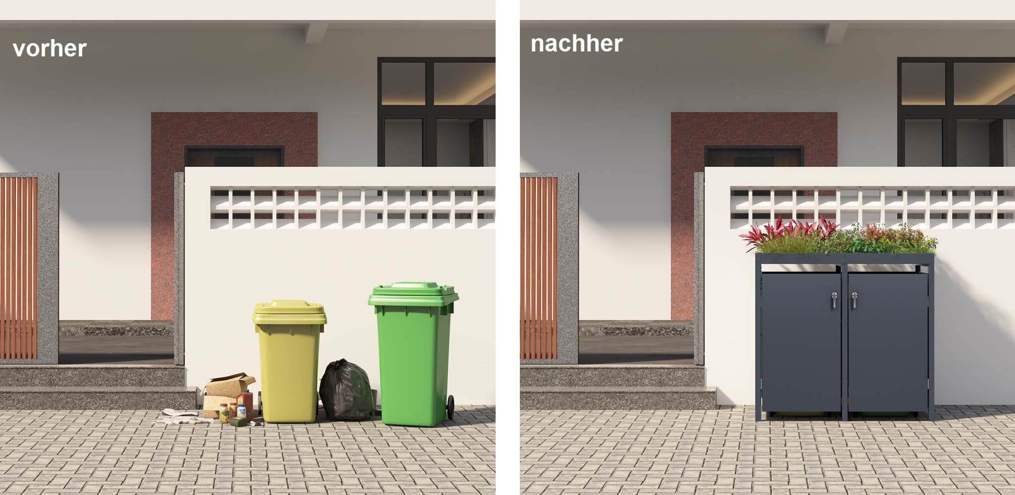 SCHARTEC Mülltonnenbox 2er anthrazit mit Pflanzendach erweiterbar 240l Mülltonnenverkleidung mit Pflanzenkasten Mülltonnen Sichtschutz Unterstand für 2 Tonnen