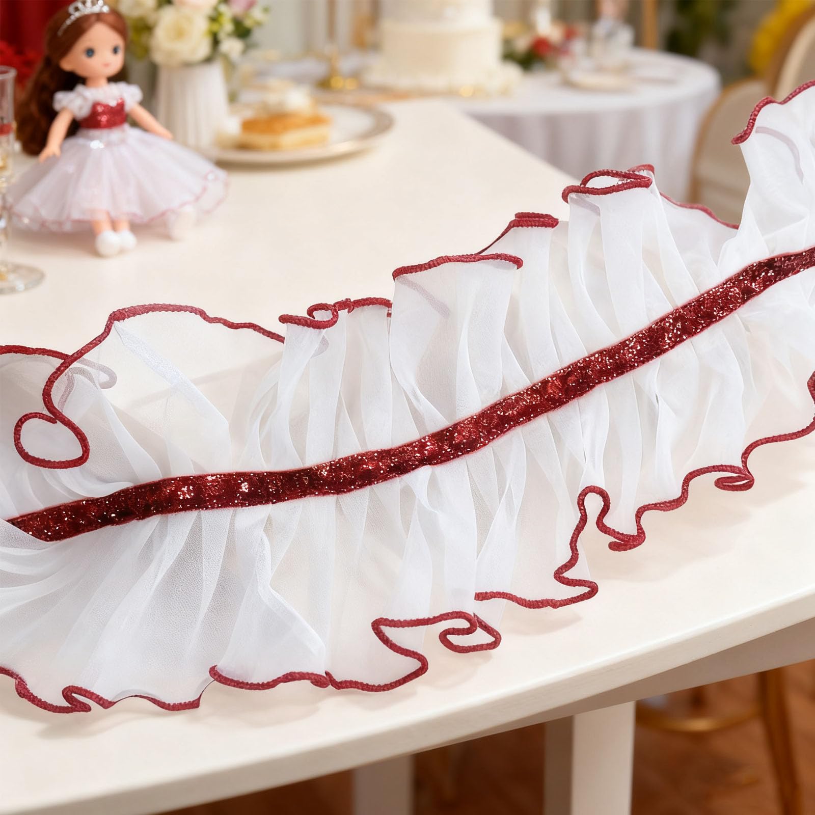 5 Yards 10cm Spitzenband Gerafftes Rüschen, Organza Rüschen Plissee Borte, Spitzenborte Weiß Zum Nähe, Mit Rot Ränder, Glitzer, Spitzenbesatz, für DIY Kleidung Hochzeit Scrapbooking