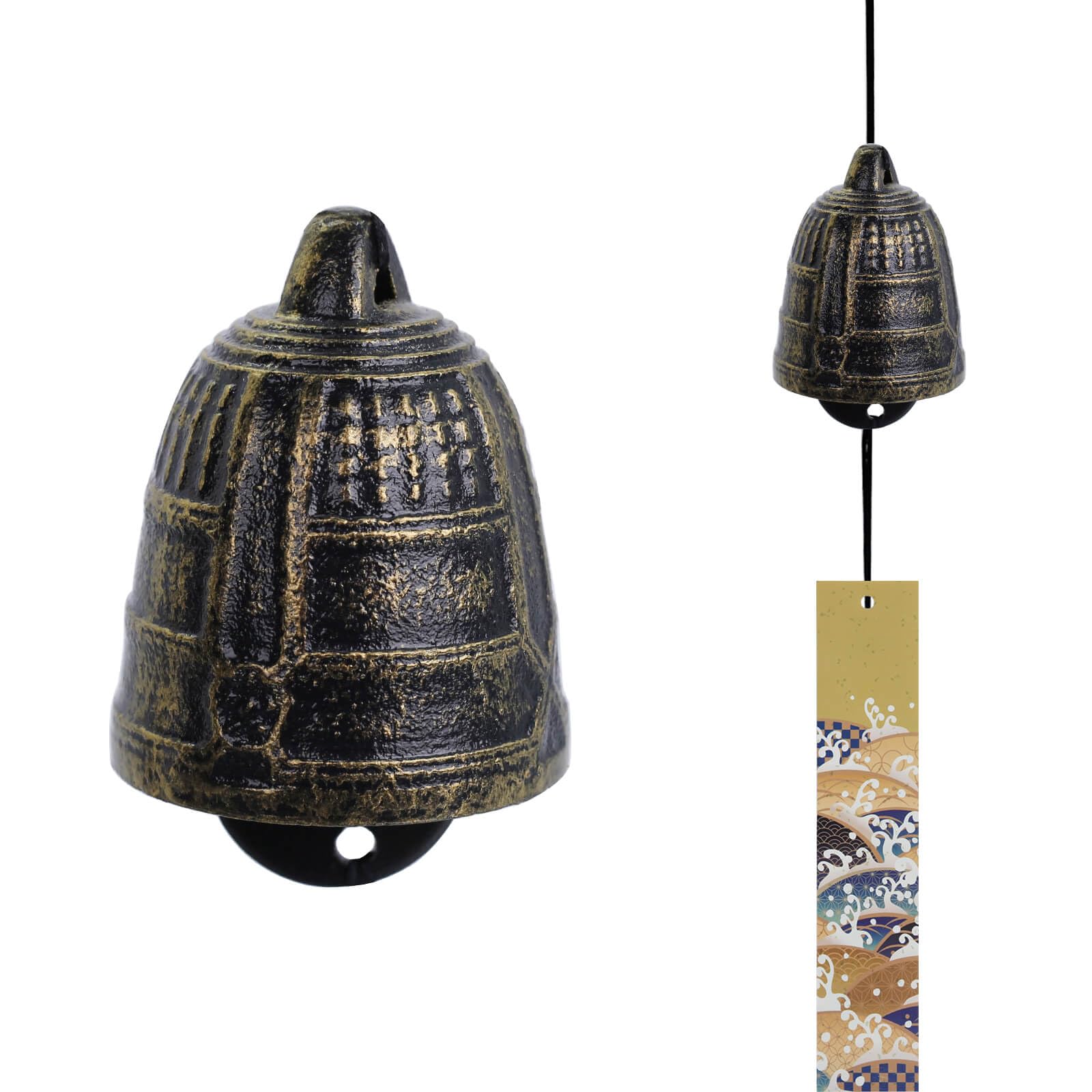Japanese Wind Chime Cast-Iron Outdoor Ornament for Garden, Patio & Balcony, Hanging Metal Wind-Bell Decoration Gift, Blessing Pendant Windchimes & PVC Wind-Catcher, Big Temple Bell - Bronze