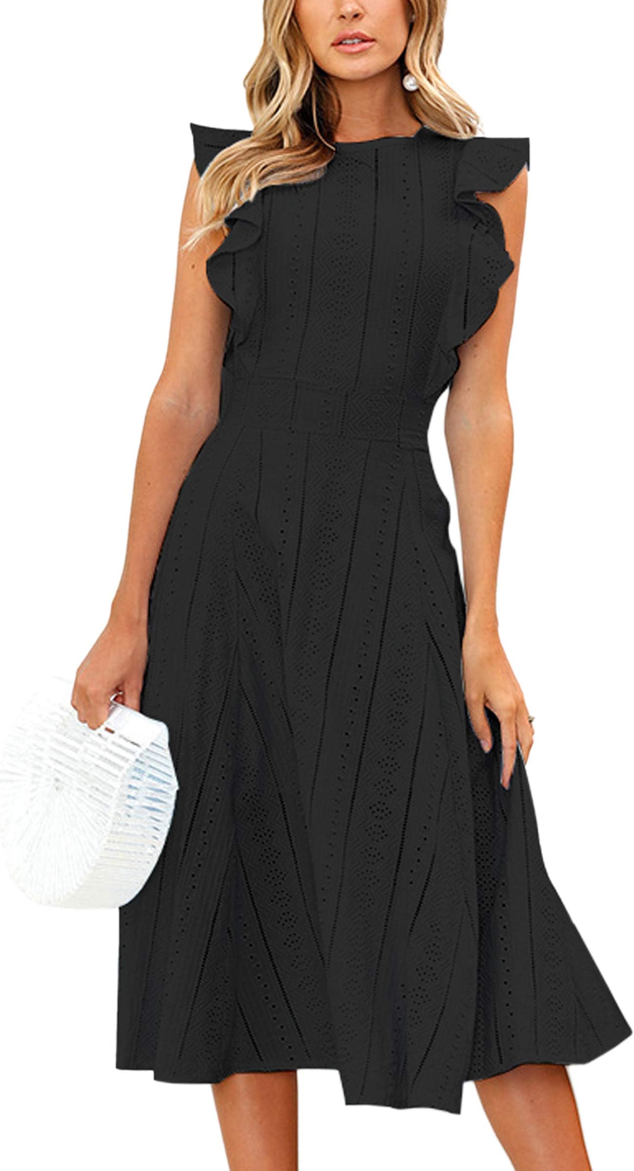 ECOWISH Women's Summer Dresses 2025 Elegant Lady Wedding Guest Cocktail Ruffle Cap Sleeves A-Line Office Midi Dress