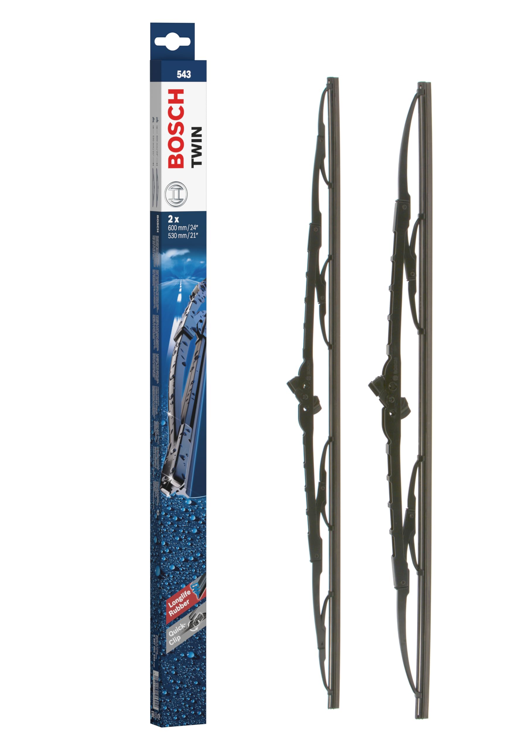 Bosch Bosch Twin 543 - Front Windscreen Wipers - Set of 2 Replacement Blades - Comes with Pre-assembled Quick-Clip Adapter - 2 Blades,