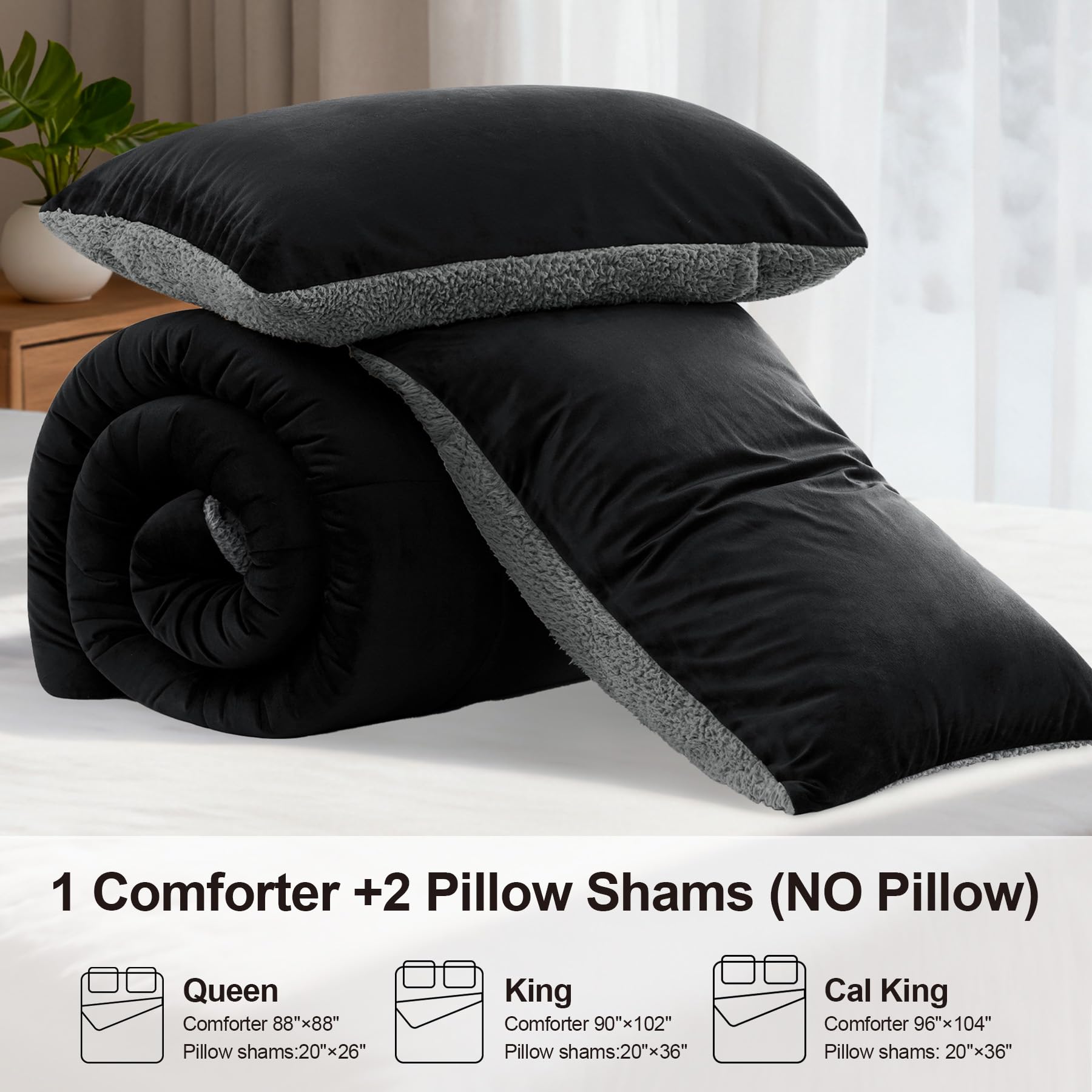 Fluffy Sherpa King Comforter Set - Black -4