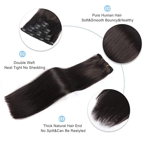Miniatura 3 de Dalise Extensiones de cabello humano con clip, color negro natural, doble trama, extensiones de cabello suave liso con clip (#1B, 16 pulgadas)