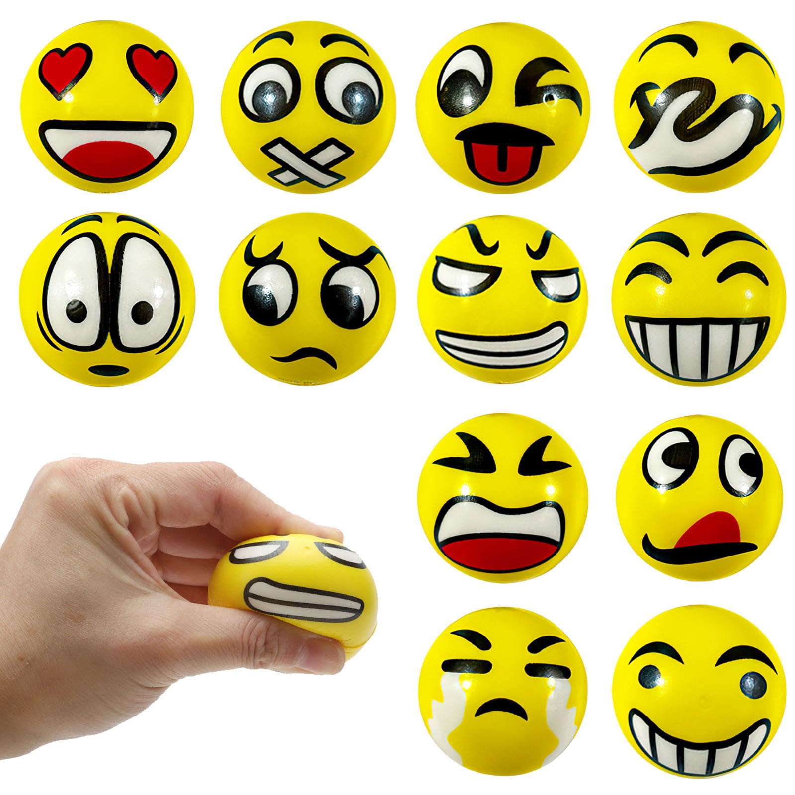 12pcs Emoji Stress Balls for Adults and Kids,Funny Face Squishy Fidget Toys for Stress and Anxiety Relief,Squeeze Balls Hand Exercise Stress Relief Ideal for Year 6 Leavers Gifts Lucky Dip Prizes