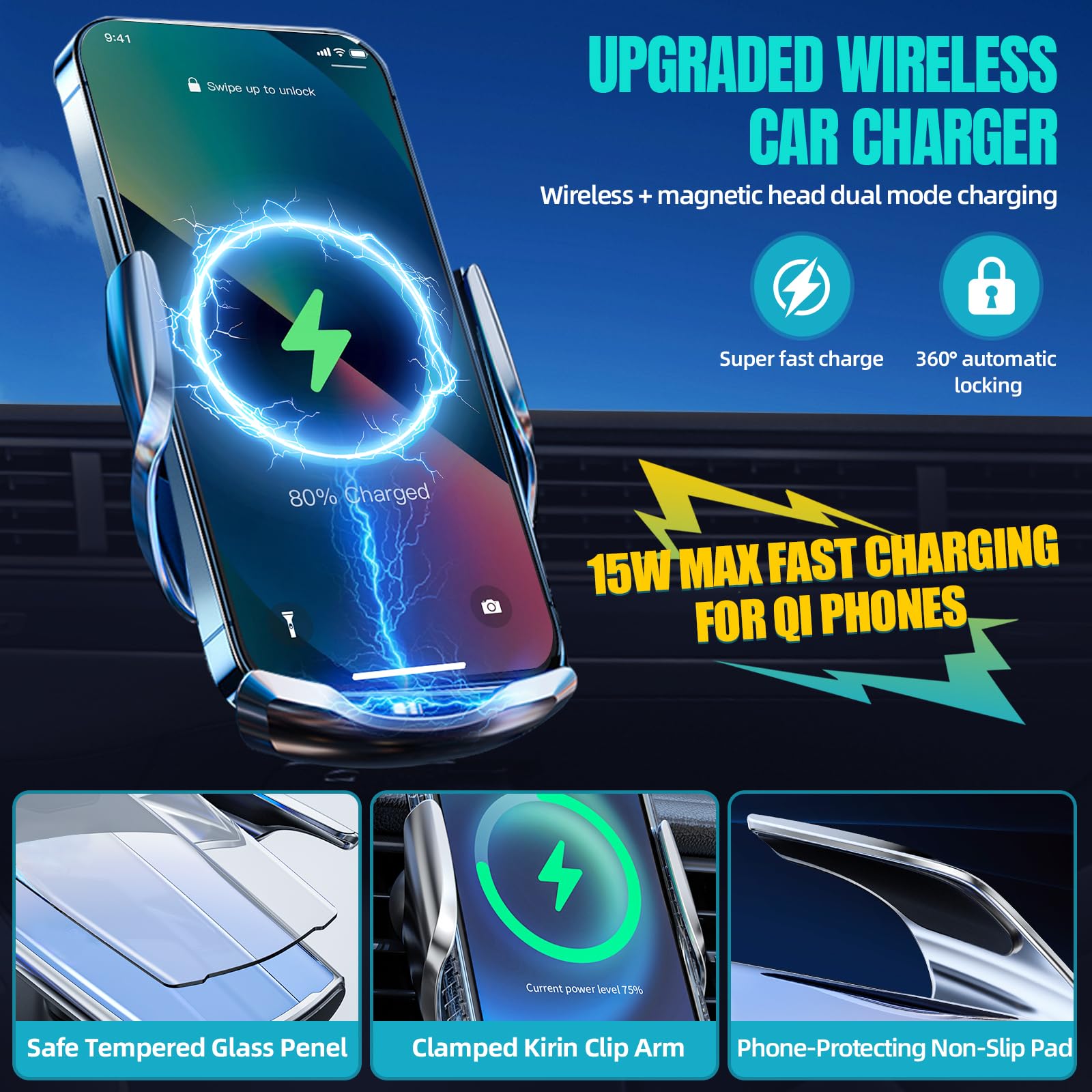 Chargeur de voiture sans fil, max 15 W, charge rapide, pince automatique, support de téléphone de détection, compatible avec iPhone 16, 15, 14, 13, 12 Pro Max, Xs X, Samsung Galaxy S24