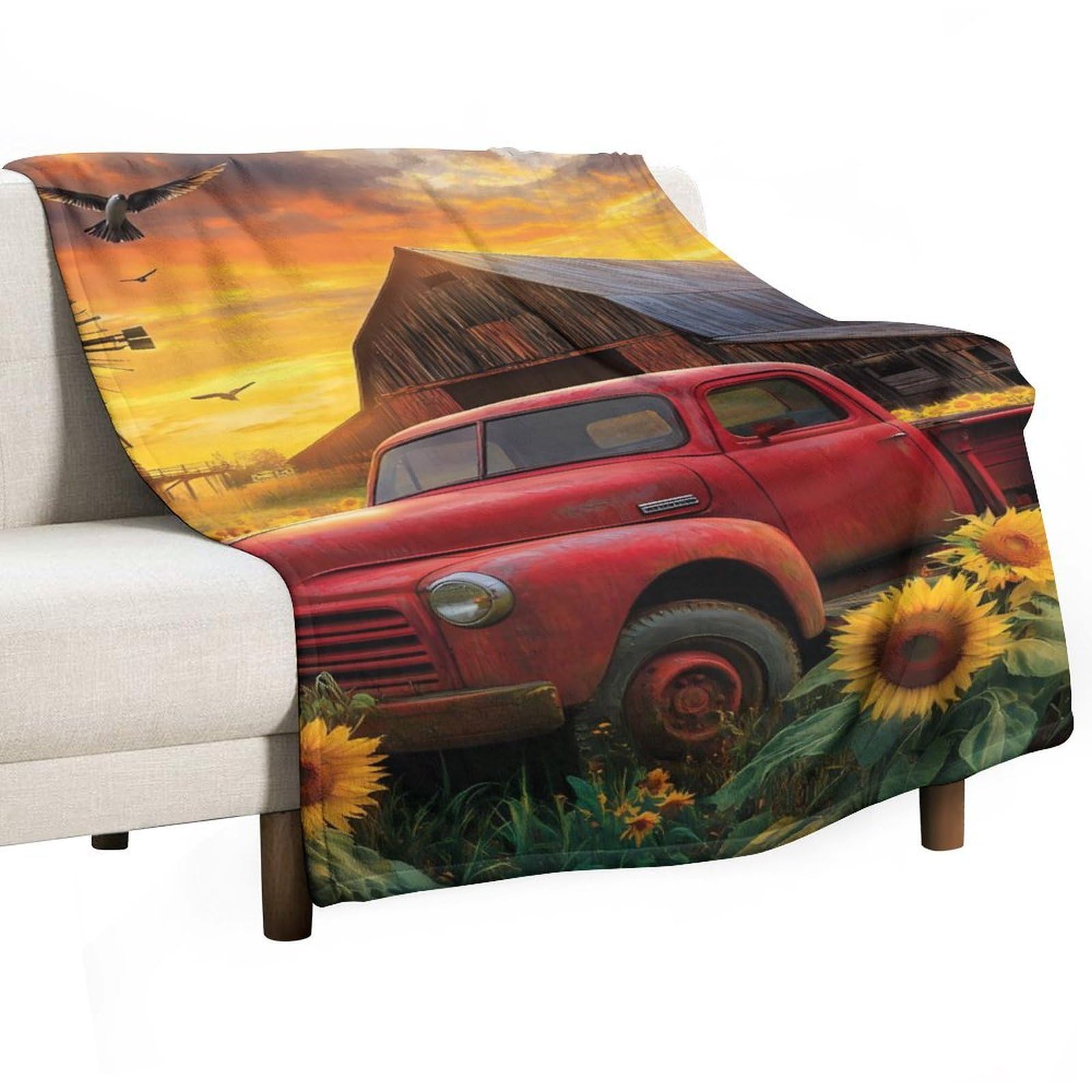 Cgsbngha Style Farmhouse Red Truck Flannel Fleece Blanket Lightweight Soft Throw Blankets For Sofa Couch Bed Chair