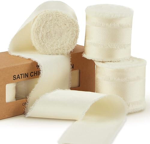 Cinta blanca marfil para envoltura de regalos, cintas de tela deshilachada de gasa de satén de seda para manualidades, ramos de flores, decoración