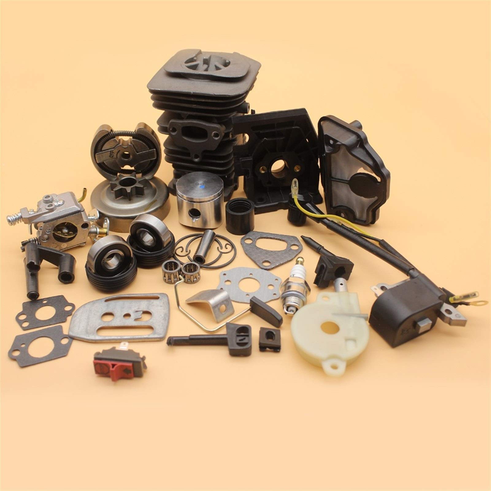 Tiempo Beixi 38 mm Cilindro del pistón del carburador Bobina de Encendido Cilindro del Embrague Kit de Bomba de Aceite Compatible con Husqvarna 136 137 141 142 Motosierra Motor Motor Parts