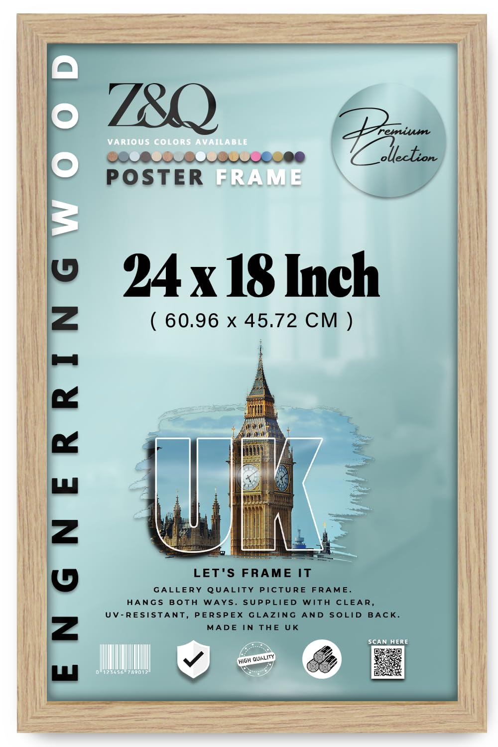Z&Q | Decorative MDF Wood Frame (60.96 x 45.72 CM) Engineered Wood, Modern Wall Décor 24" x 18" Multi-Purpose Use, 609.6 x 457.2 mm [ Oak ]
