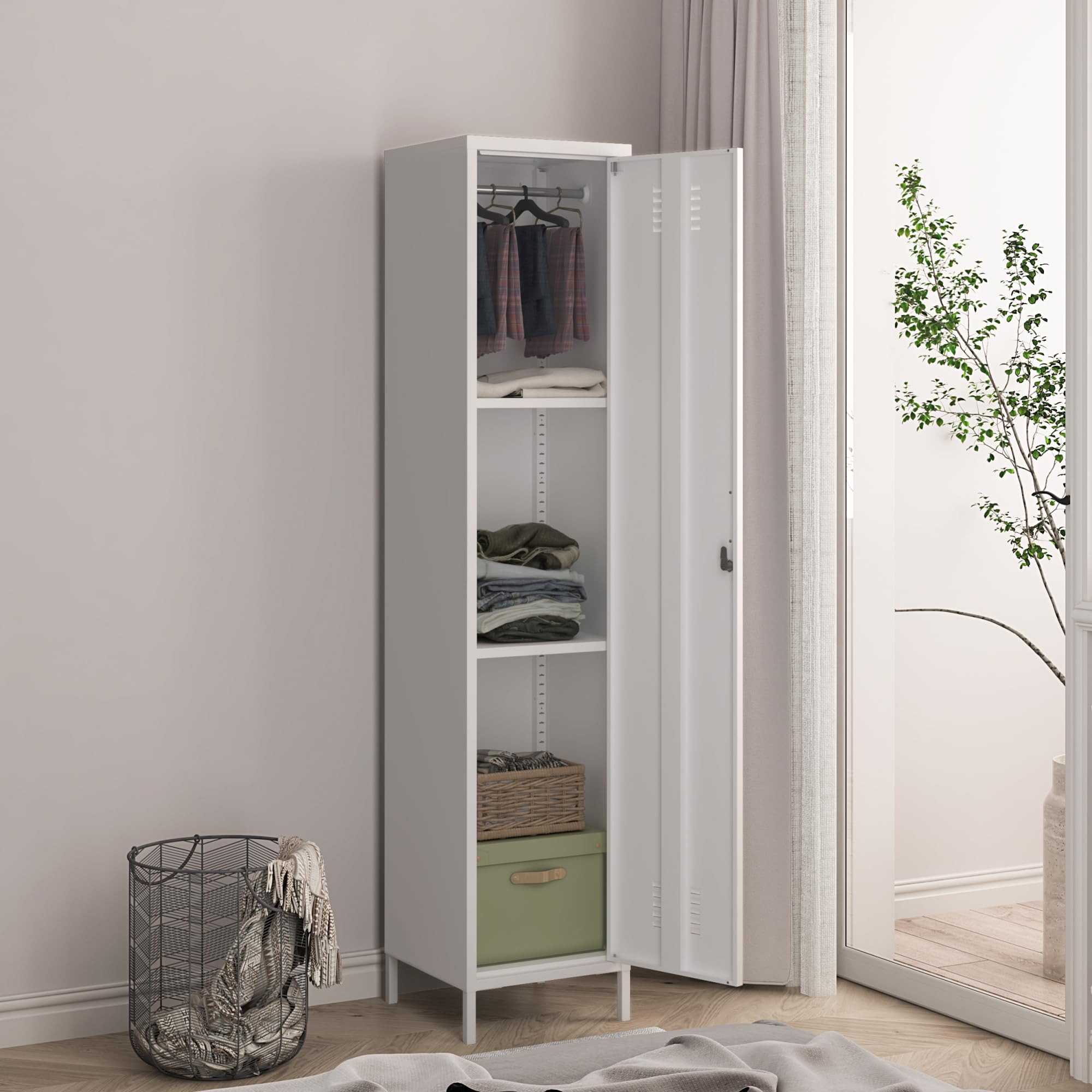 [en.casa] Armadio da Ufficio con Anta e Serratura Ripiani ad Altezza Regolabile Mobile in Acciaio da Spogliatoio con 3 Scomparti e Barra Porta Abiti 180 x 38 x 38 cm - Bianco