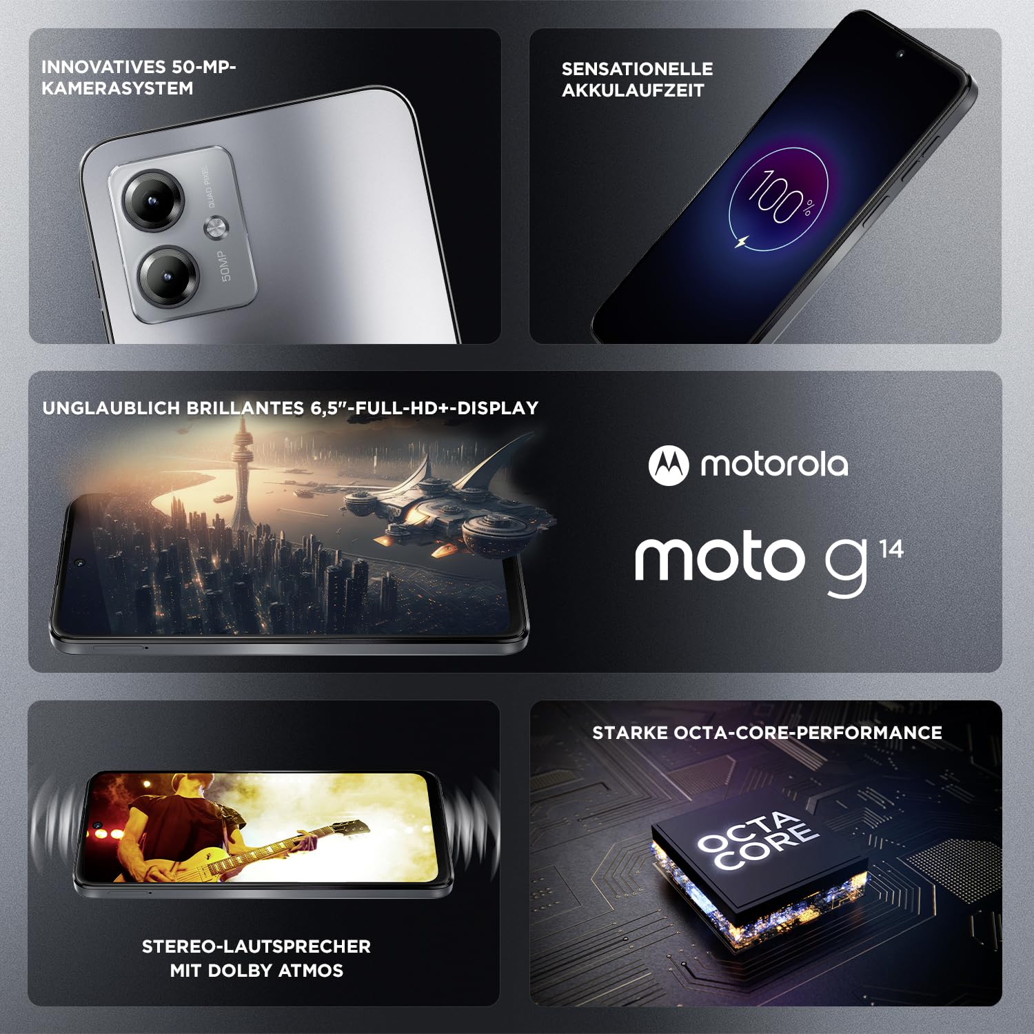 Motorola Motorcycle g14 Smartphone (ekran FHD+ 6,5", aparat 50 MP, 4/128 GB, 5000 mAh, Android 13) stalowy szary, z etui ochronnym w zestawie [Tylko Amazon]