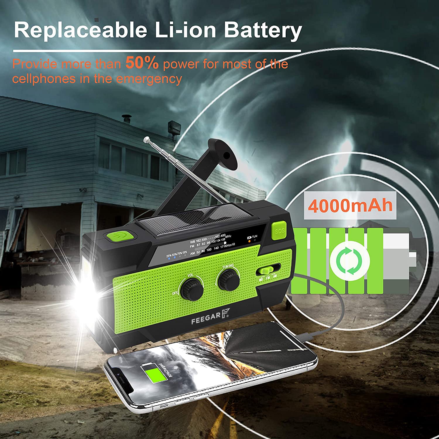 Radio solar de emergencia Feegar Oze 2 Pro radio de manivela para situaciones de emergencia AM/FM radio de supervivencia portátil, linterna LED de 4 modos, alarma SOS, banco de energía 4000mAh