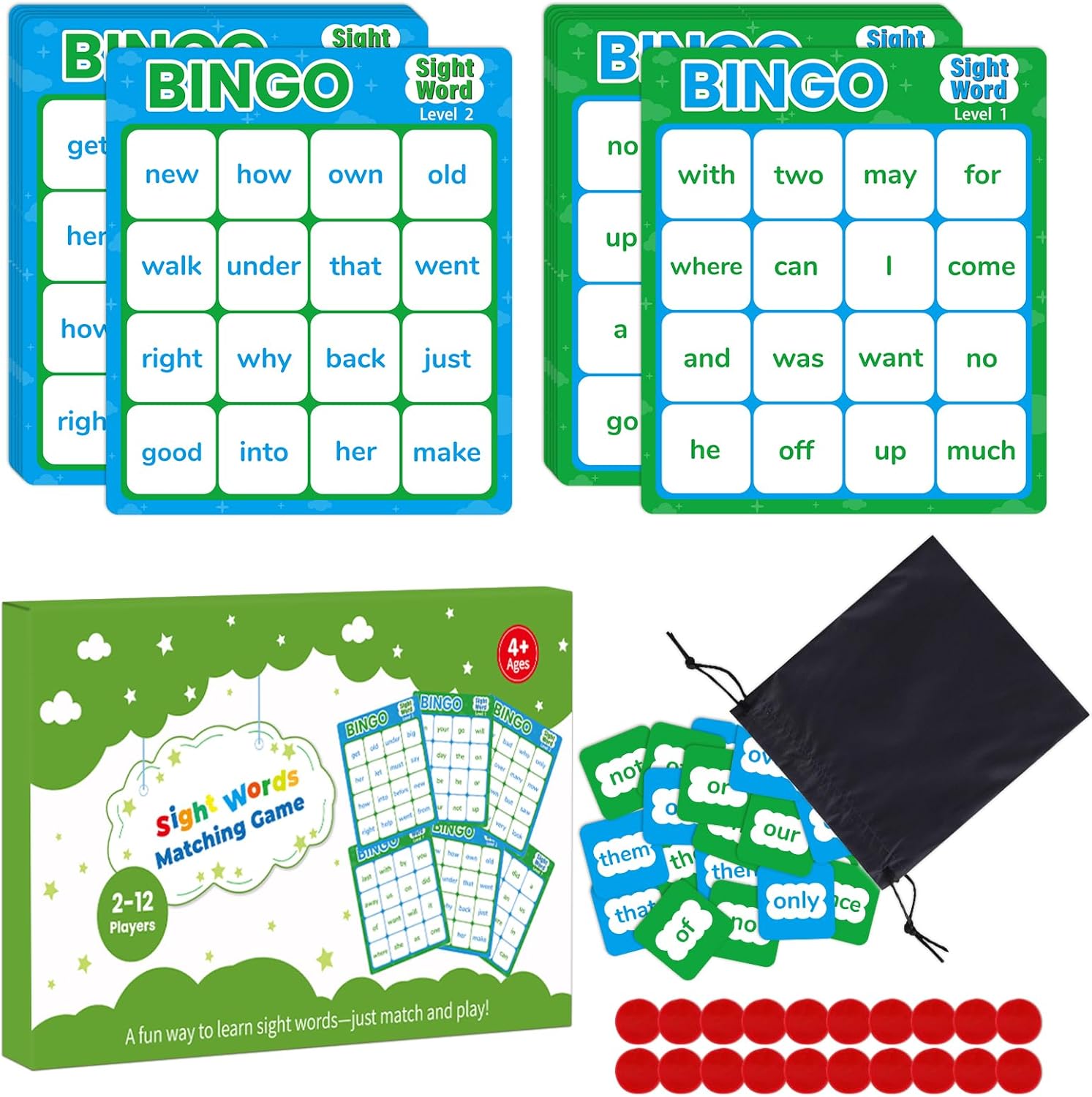 Sight Word Bingo Game, Learn to Read Vocabulary, Level 1 & Level 2 Bingo Board Game for Kindergarten, Preschool Learning Activities, Family Matching Games, Perfect for Classroom & Homeschool