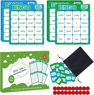 Sight Word Bingo Game, Learn to Read Vocabulary, Level 1 & Level 2 Bingo Board Game for Kindergarten, Preschool Learning Activities, Family Matching Games, Perfect for Classroom & Homeschool