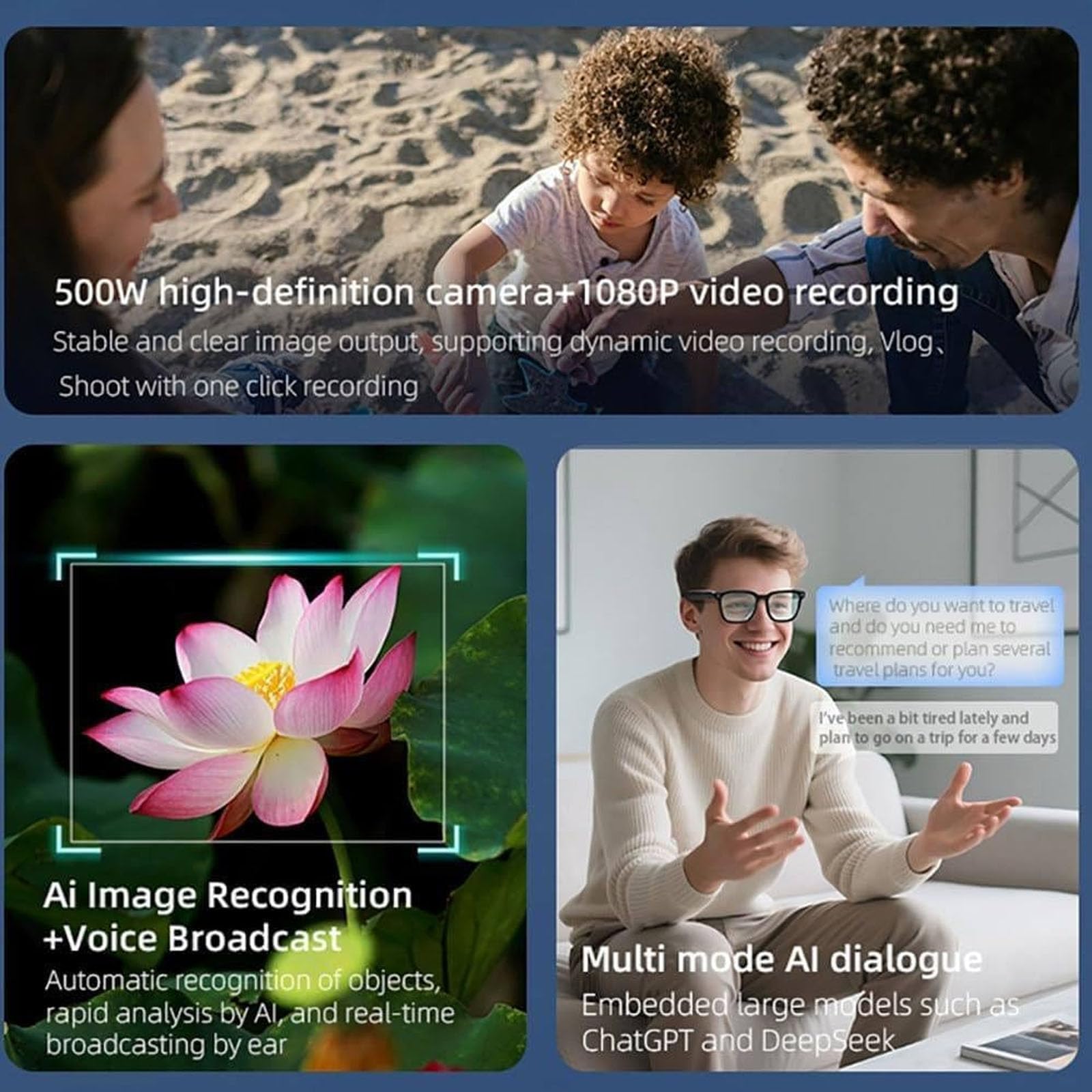 Occhiali intelligenti con fotocamera, registrazione video HD 1080p, traduzione multilingue, audio wireless, riconoscimento oggetti, lenti fotocromatiche per viaggi e uso esterno
