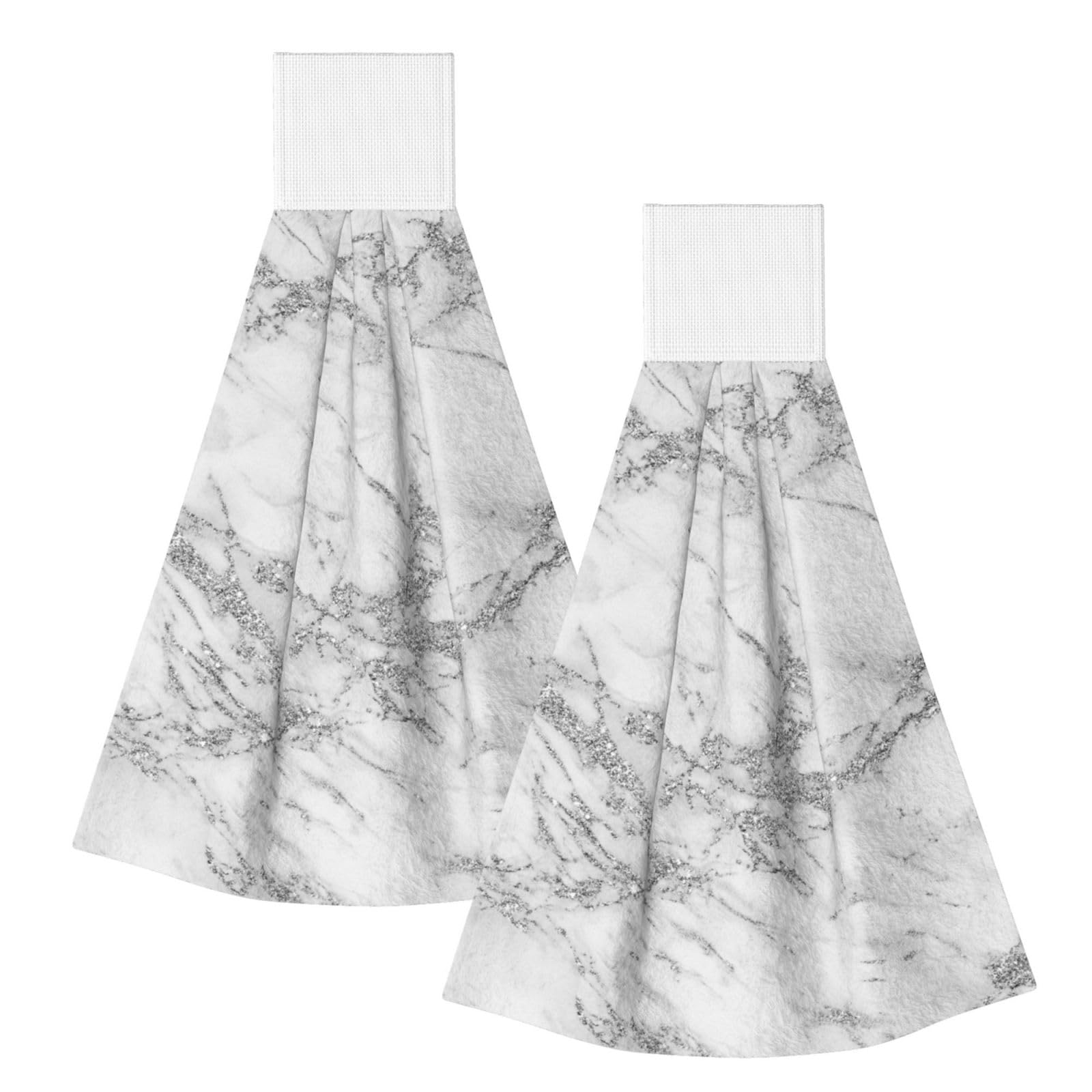 DOPKLNA Elegant Chic White Gray Silver Glitter Marble, 2 Pcs Hanging Coral Fiber Hand Towels for Bathroom, Absorbent Kitchen Towels