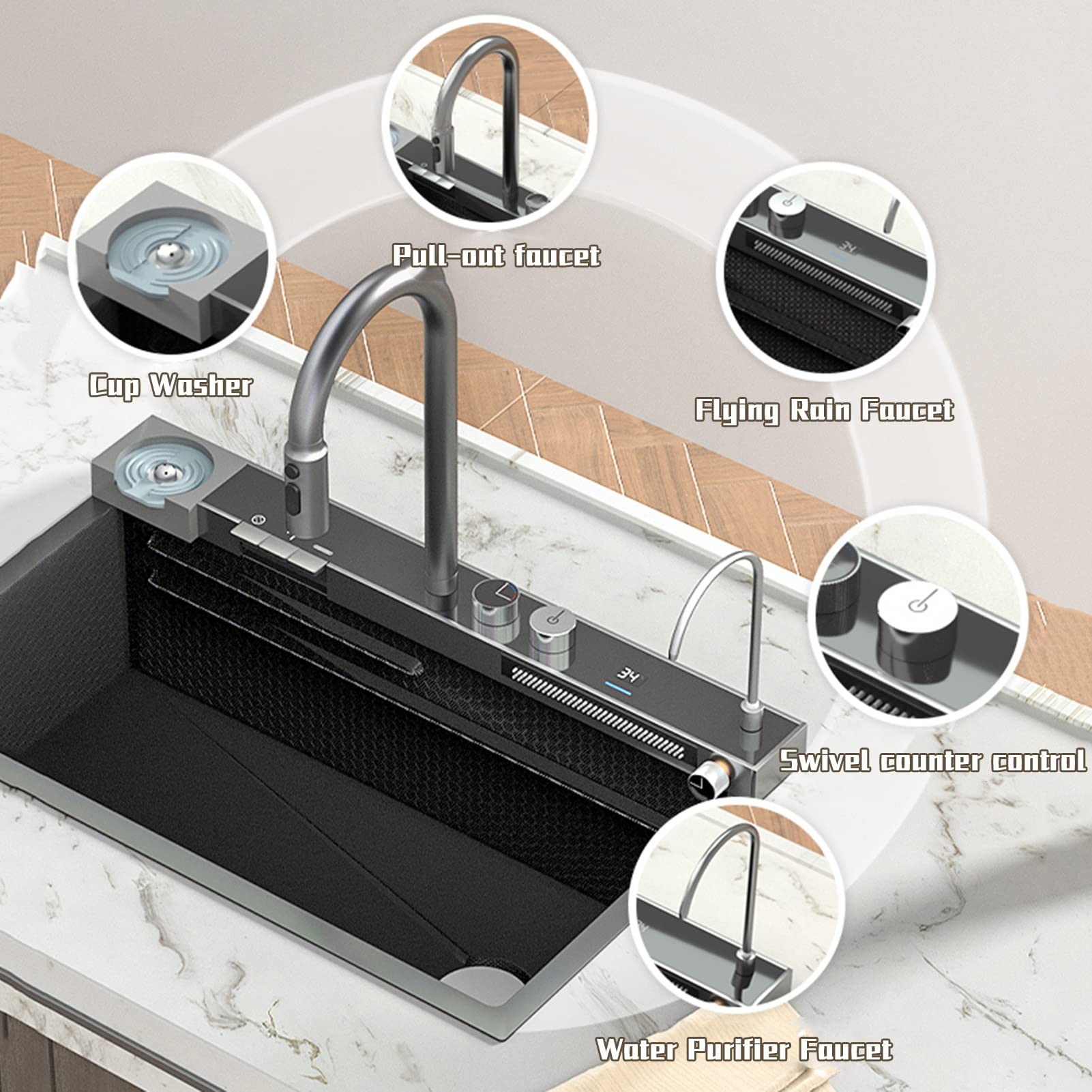Fregadero De Cocina En Cascada Negro - Acero Inoxidable Nano, 70x50 Cm, Con Grifo Multifunción Y Accesorios