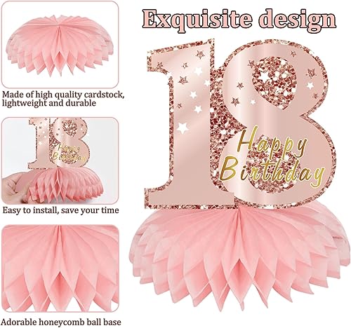 Miniatura 5 de Centros de mesa de cumpleaños de 18 años de color rosa dorado rosa para niña, 9 piezas de oro rosa para cumpleaños de 18 años, suministros de