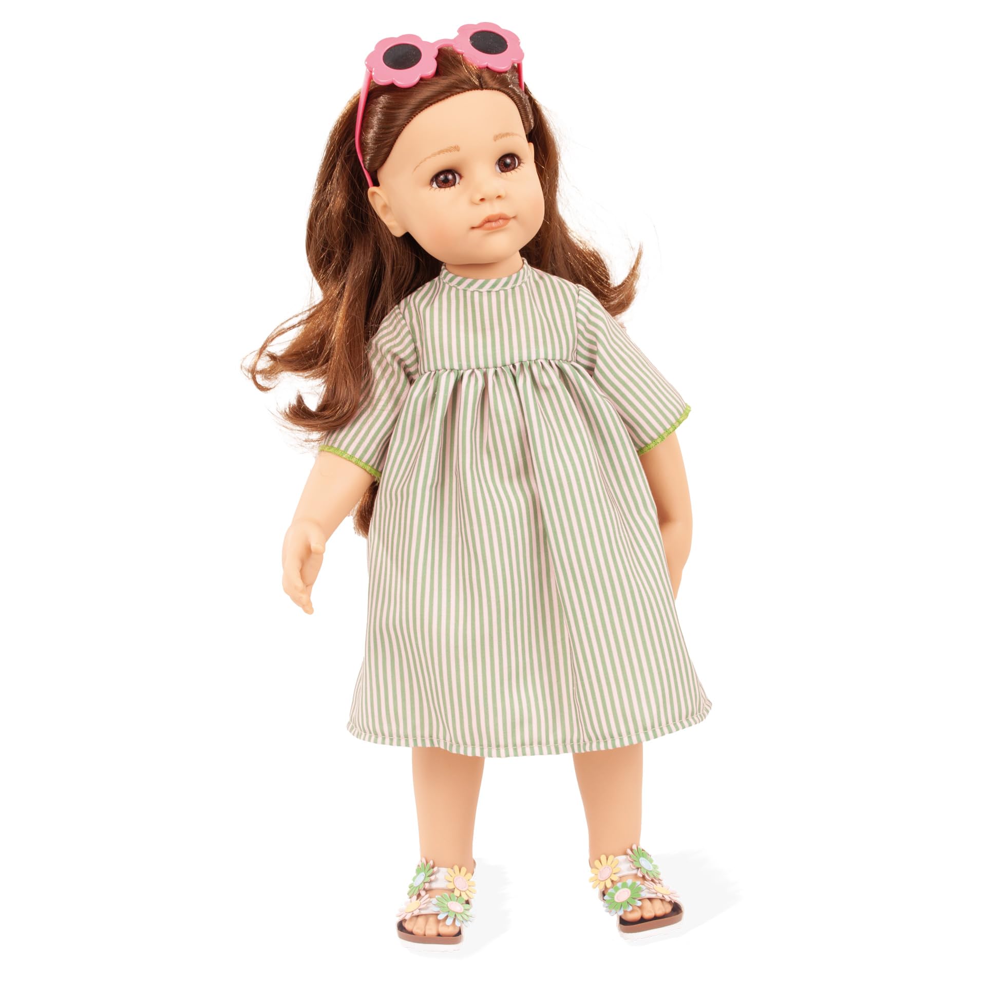 Götz 2559013 Hannah Summertime Puppe 50 cm Stehpuppe 7-TLG | für Kinder ab 3 Jahren, lange braune Haare, braune Augen, Sommeroutfit, Hut, Sonnenbrille, frisierbar, Vinylhartkörper