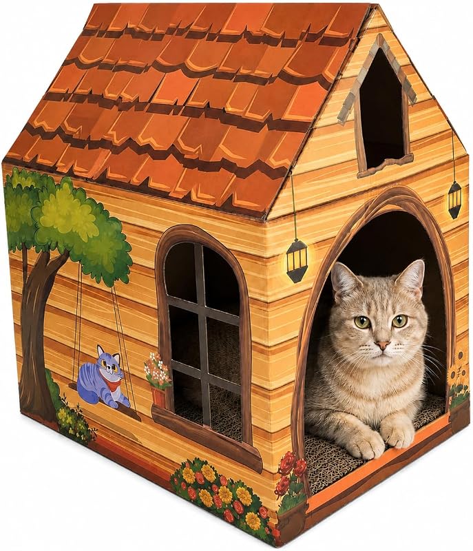 Casa de Papelão para Gatos com Arranhador Cinrobiye Marrom2