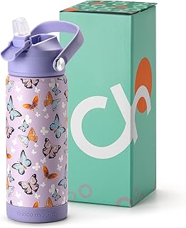 Choco Mocha Kids Water Bottle For School, Kids Insulated Butterfly Water Bottle Stainless Steel for Girls, 18Oz Purple