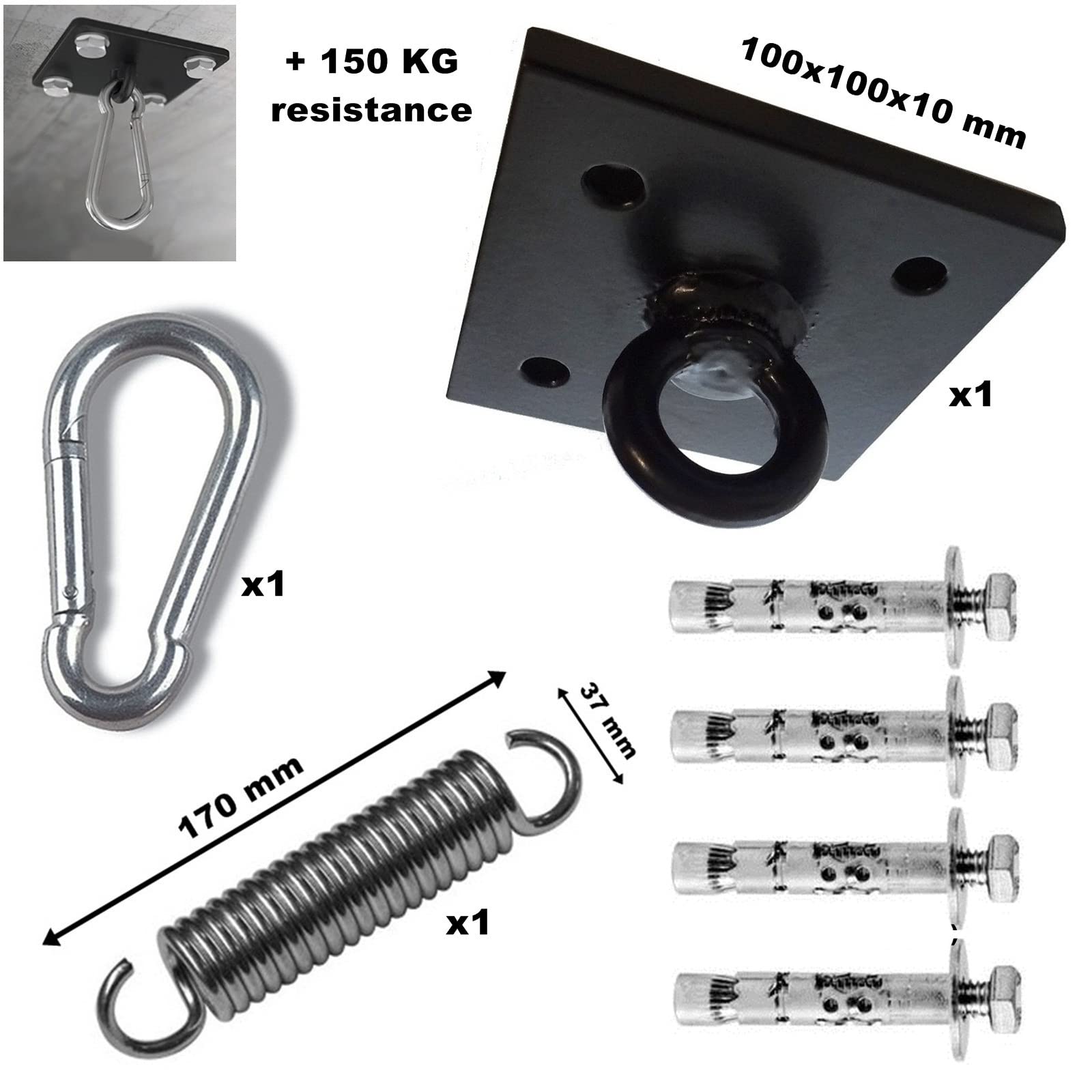 supporto gancio da soffitto per sacco da boxe + moschettone + molla appendisacco + viti
