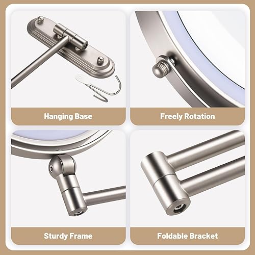 Miniatura 5 de Espejo de maquillaje montado en la pared ajustable en altura, espejo de tocador recargable de aumento de doble cara de 8 pulgadas con lupa 1X10X con