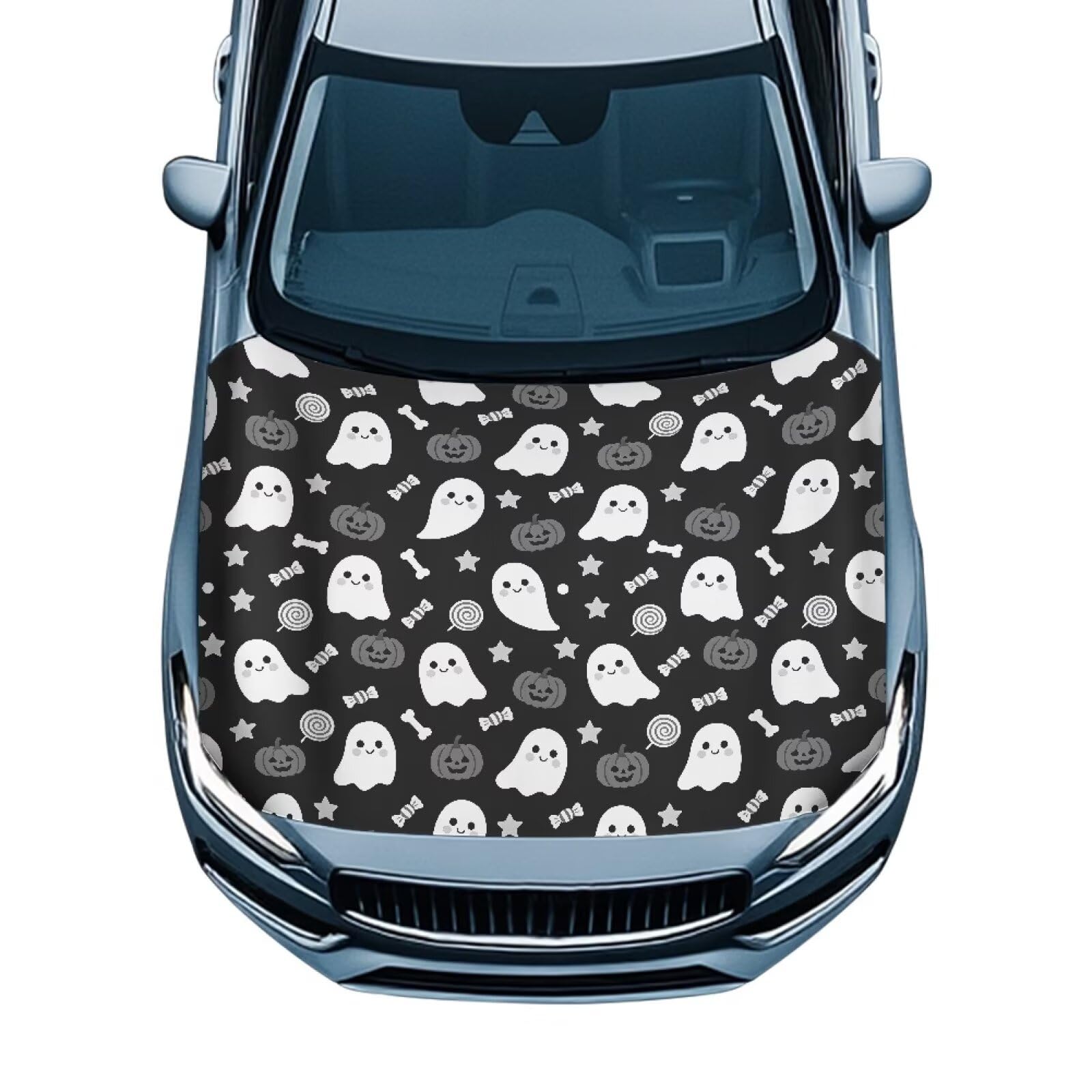 Cute Ghost Pumpkin Print Car Hood Cover Protector 59×39 Inch Stretchable Auto Hood Wraps Waterproof Halloween Automotive Exterior Accessories for Most SUV Sedans Trucks